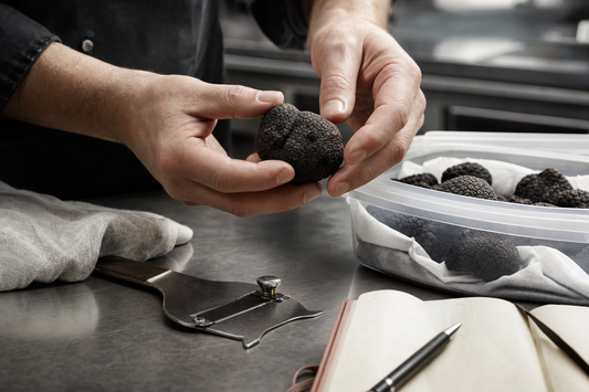 Fresh Truffle Storage: From Delivery to Restaurant Service. Fresh Truffle Storage: From Delivery to Restaurant Service. Chef inspecting whole fresh truffles beside a labelled food-